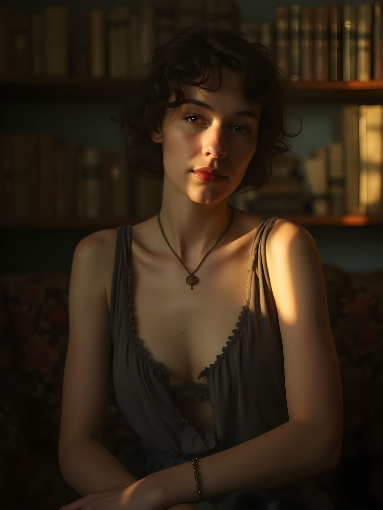 1920s Woman in a Dimly Lit Study, Oil Painting Style