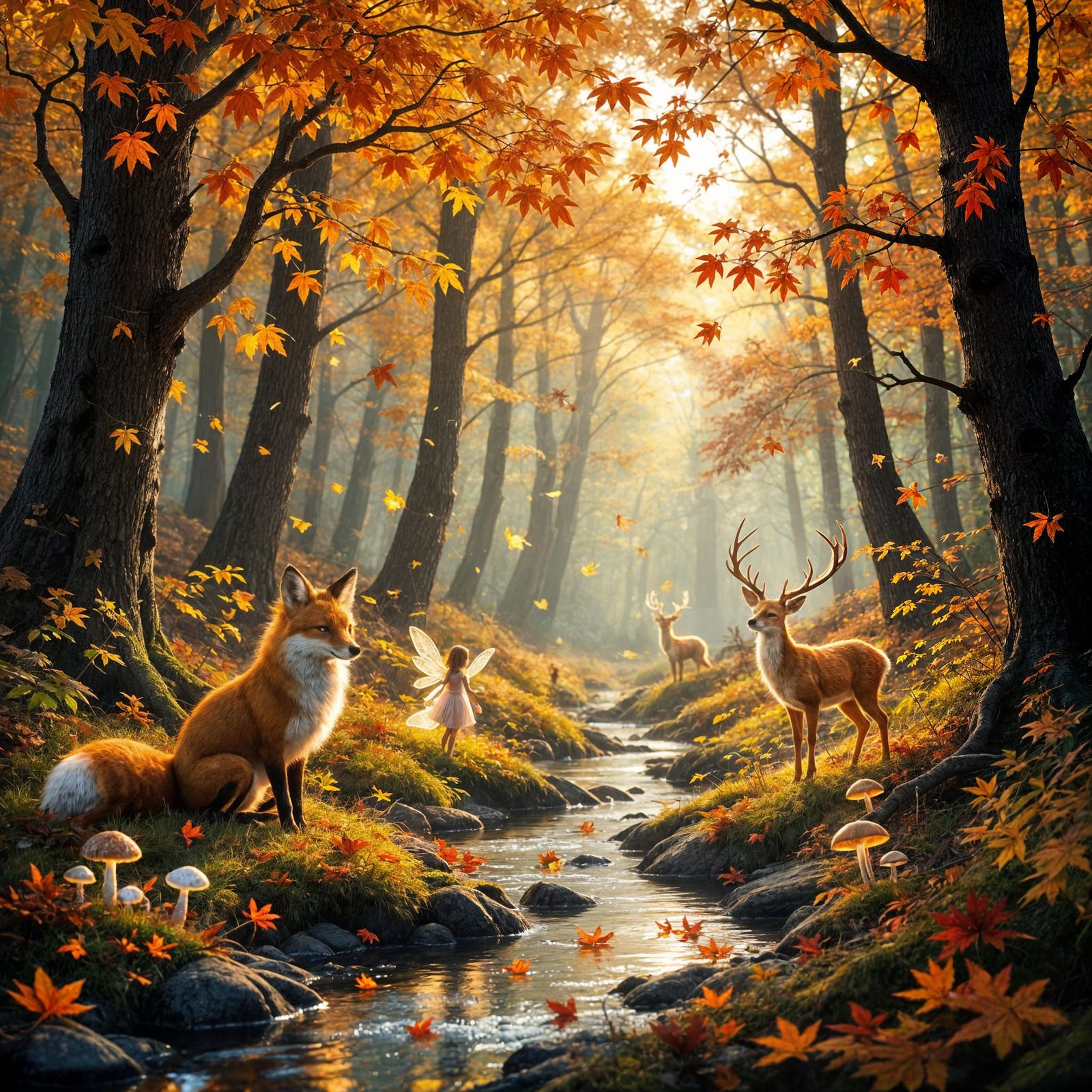Enchanting Autumn Forest With Magical Creatures