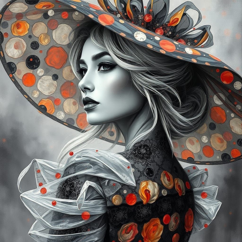 High Fashion Woman with Flowing Silver Hair as Impasto Paint...