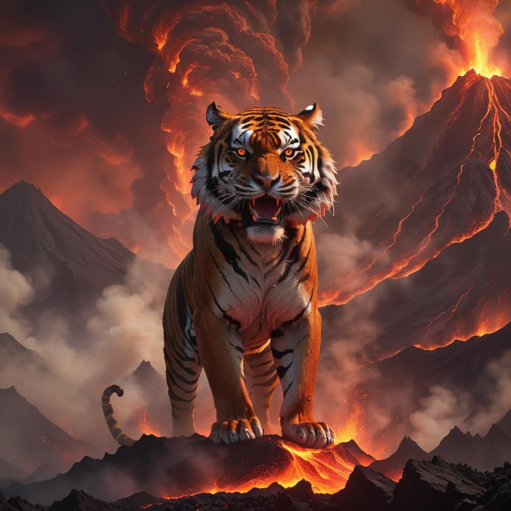Majestic Tiger on Erupting Volcano in Dreamscape Style