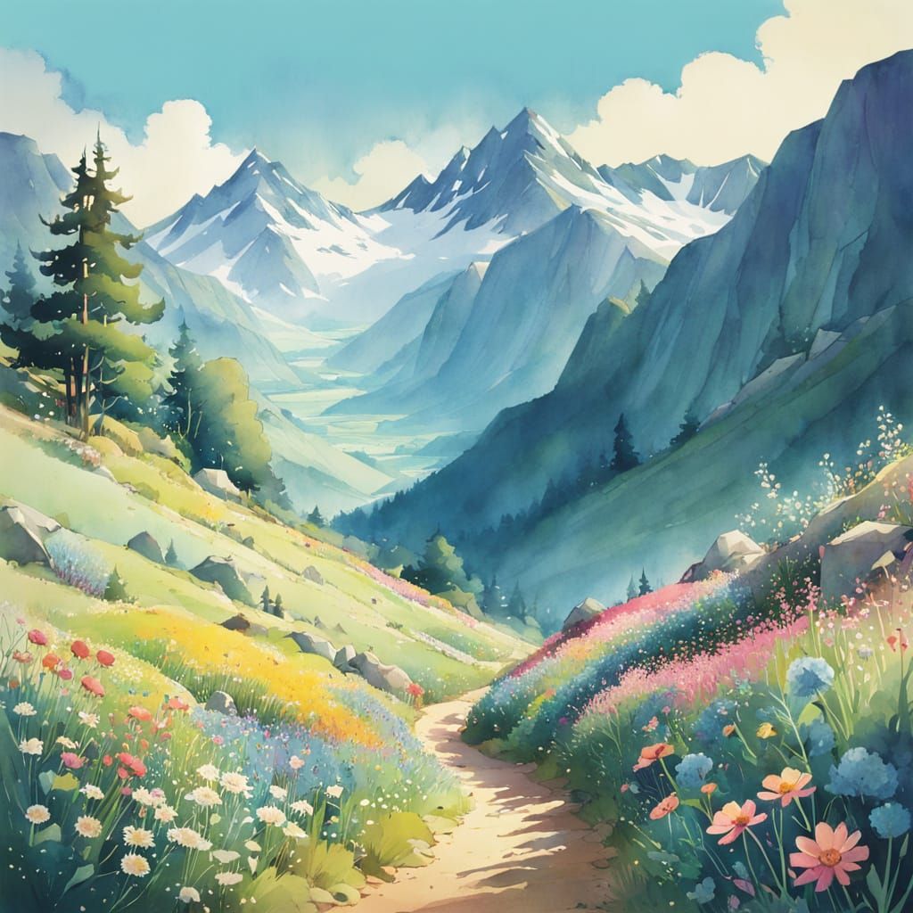 Watercolor Mountains and Wildflowers in Pastel