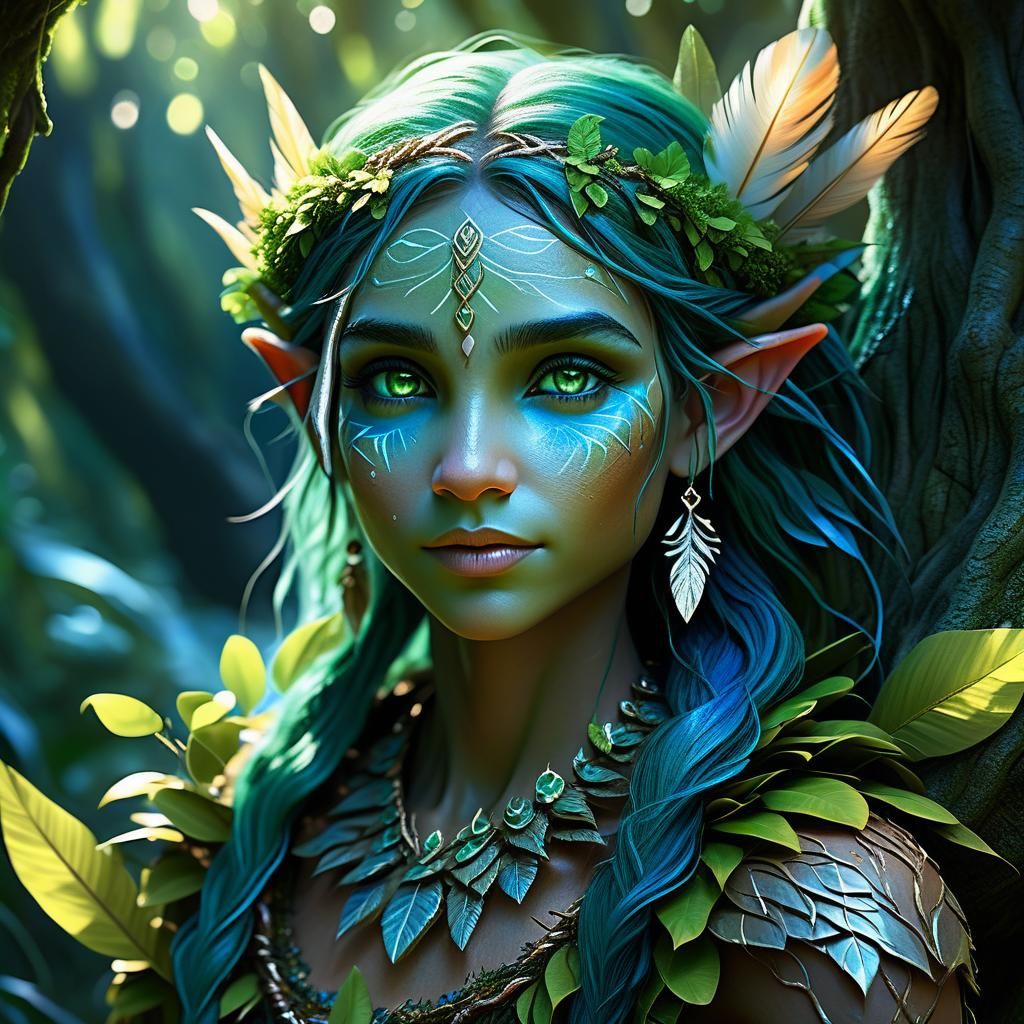 Tropical Elf Portrait in Lush Forest, 3D Render