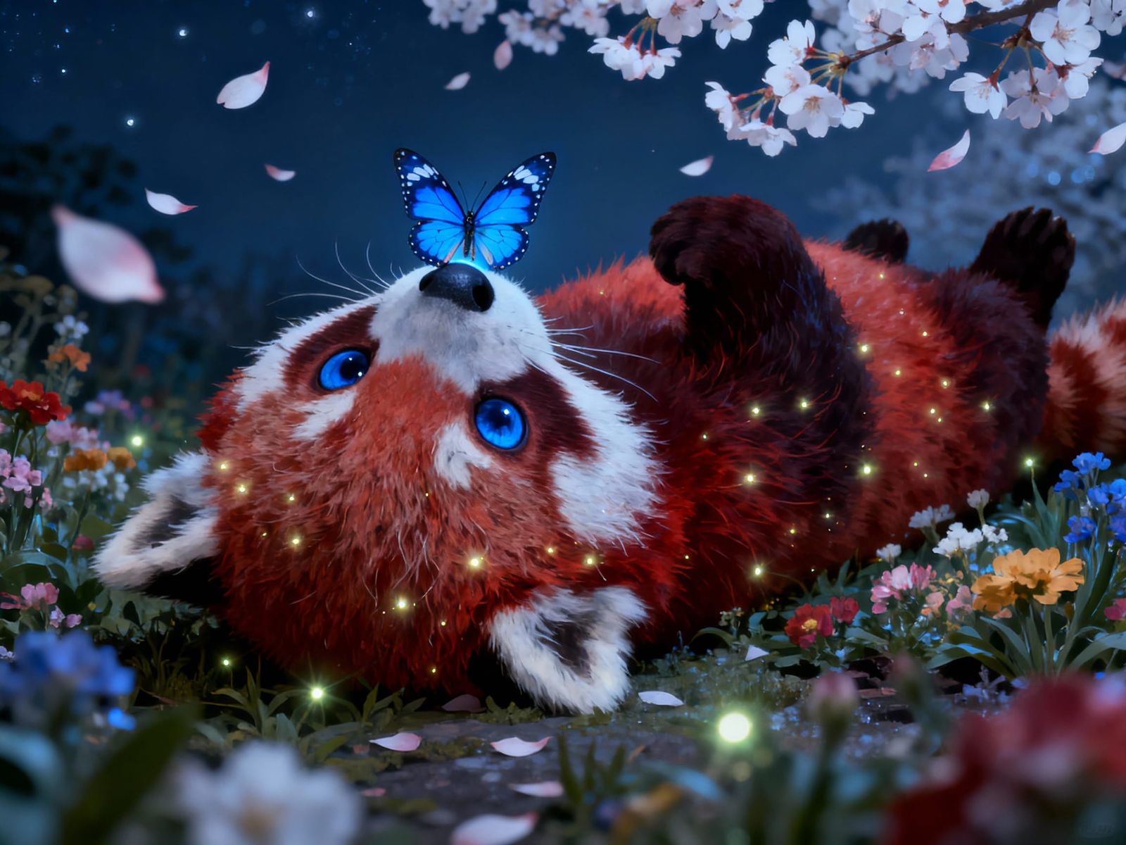 Cute Red Panda With Butterfly in Magical Garden