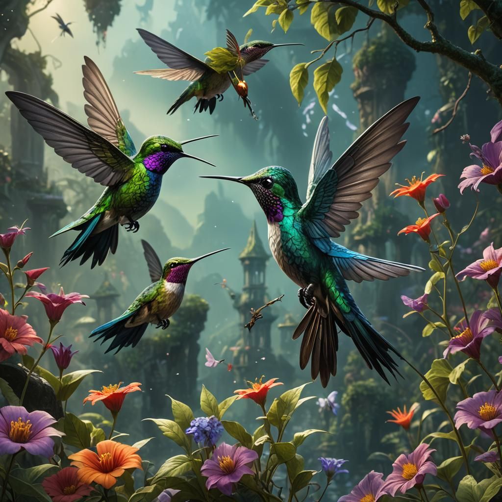 Detailed Fairy and Hummingbird Fantasy Art