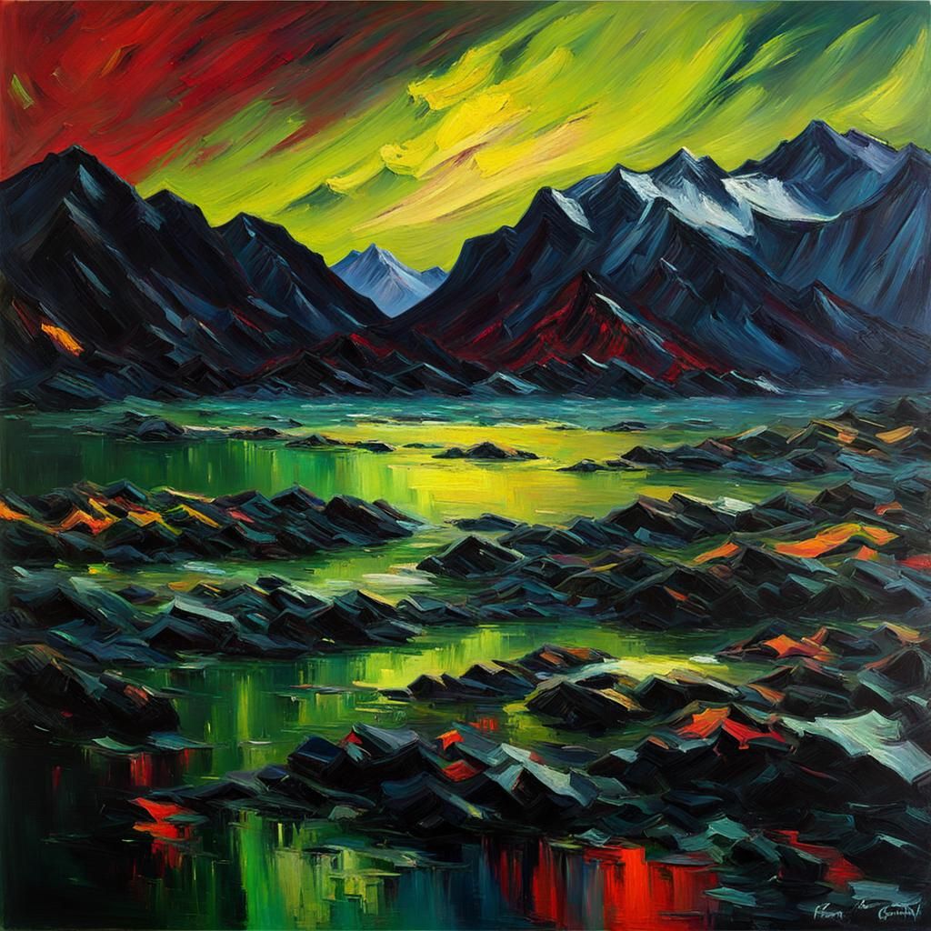 Aurora Borealis Impasto Painting Over Dark Lake