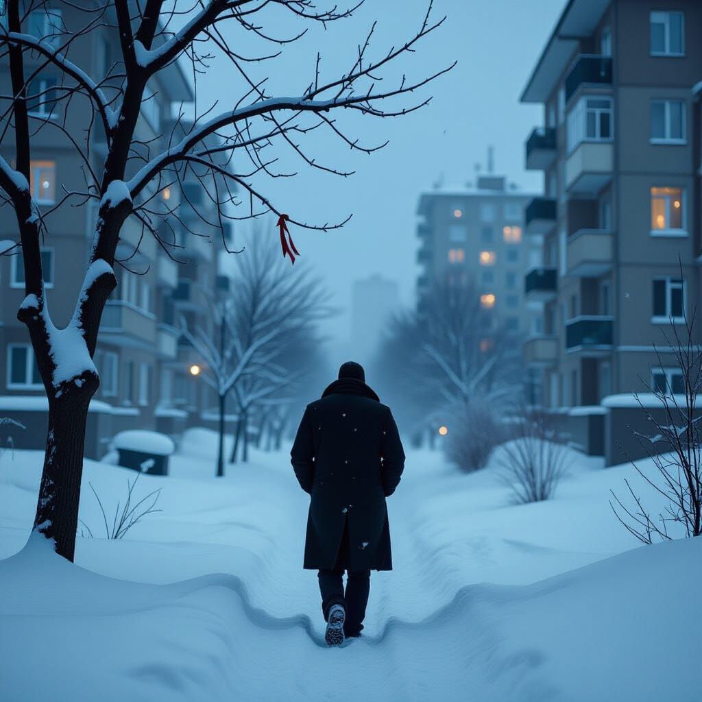 Surreal Snowy Landscape with Man in Dark Coat