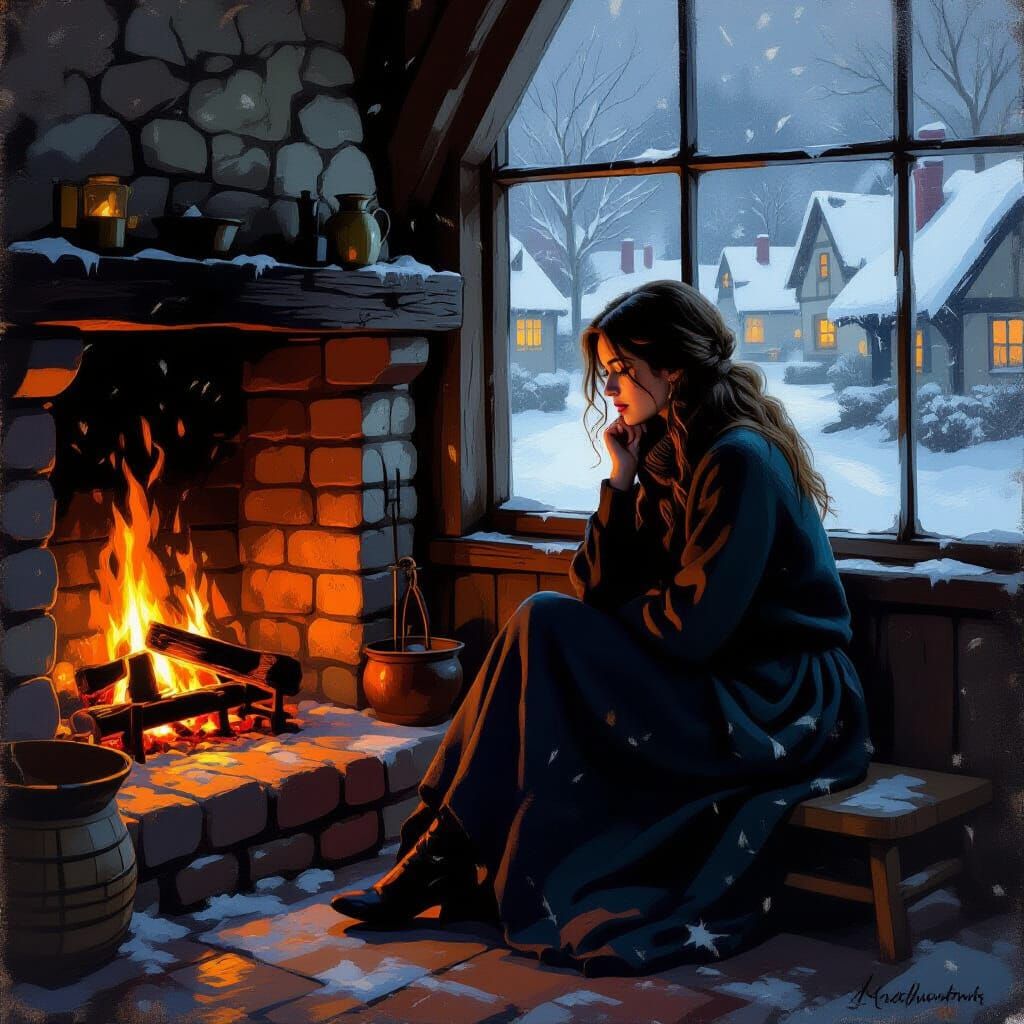 Woman by Fireplace in Cozy Tavern, Impressionistic Style