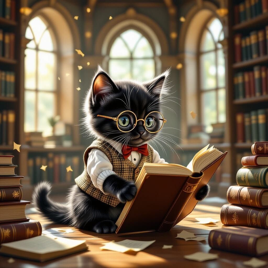 Whimsical Kitten in Spectacles Explores Dusty Library