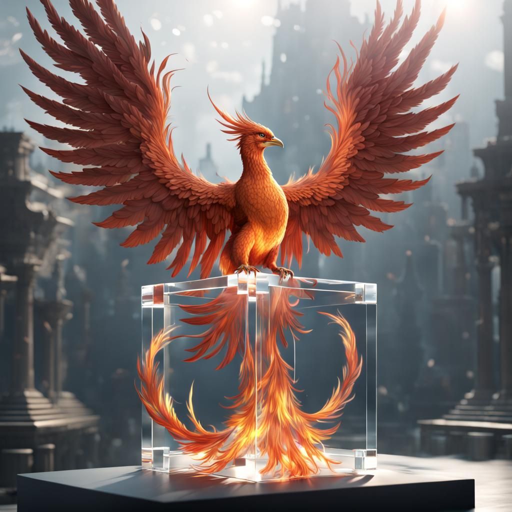 Phoenix on Transparent Cube: 8K Digital Rendering