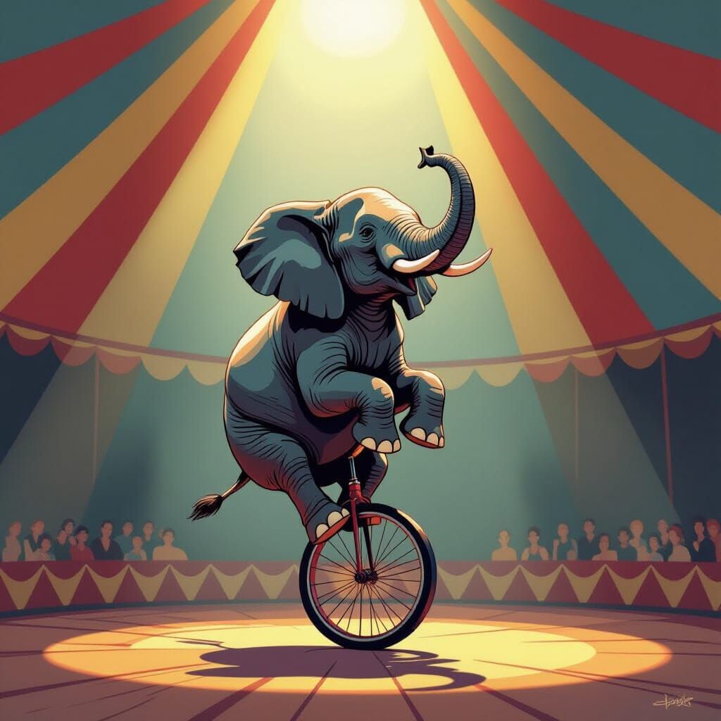 Elephant Circus Act on Unicycle Under Spotlight