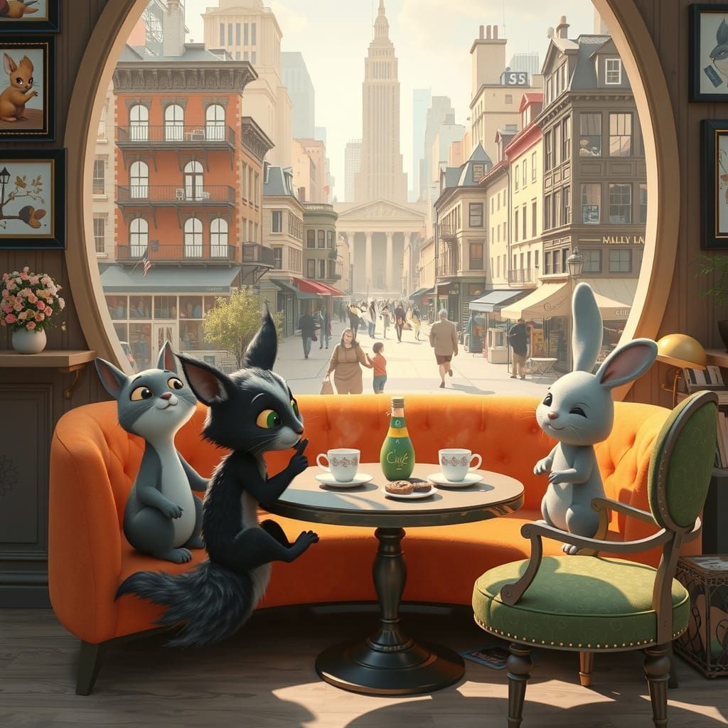 Animals at Coffee Shop in Pixar-Style 3D Illustration