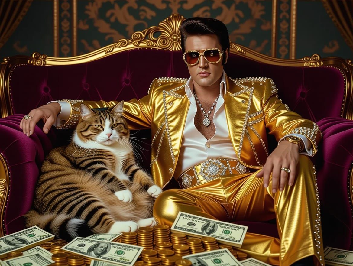 Elvis and Garfield in Opulent, Futuristic Decor