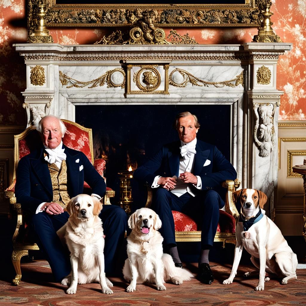 British Aristocrats Relaxing by Fireplace With Dog