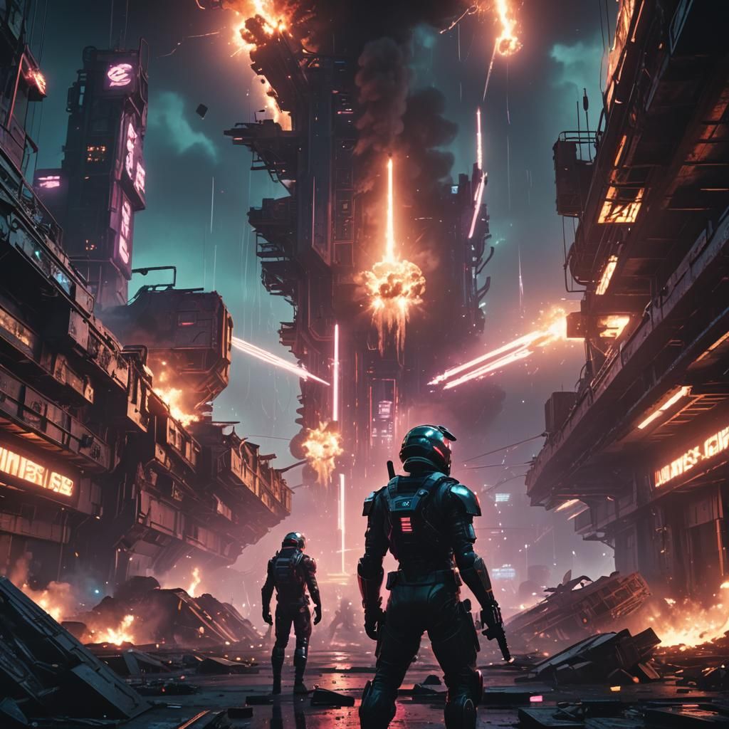 Cyberpunk Sailor Warrior in Space Battle