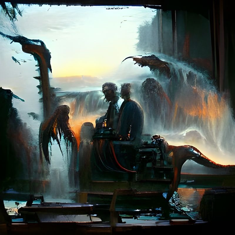 Dinosaurs Watch Sunset in Steampunk Cyberpunk Style
