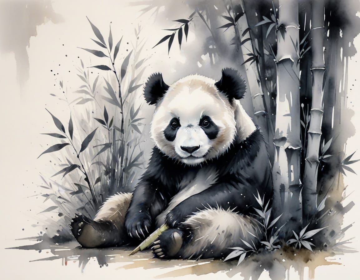 Panda Cub in Repose: Expressive Ink Wash Painting
