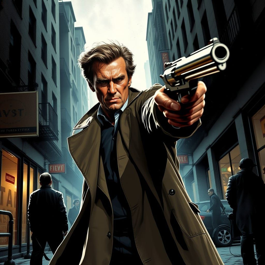 Gritty Film Noir Portrait of Dirty Harry Daring the Viewer