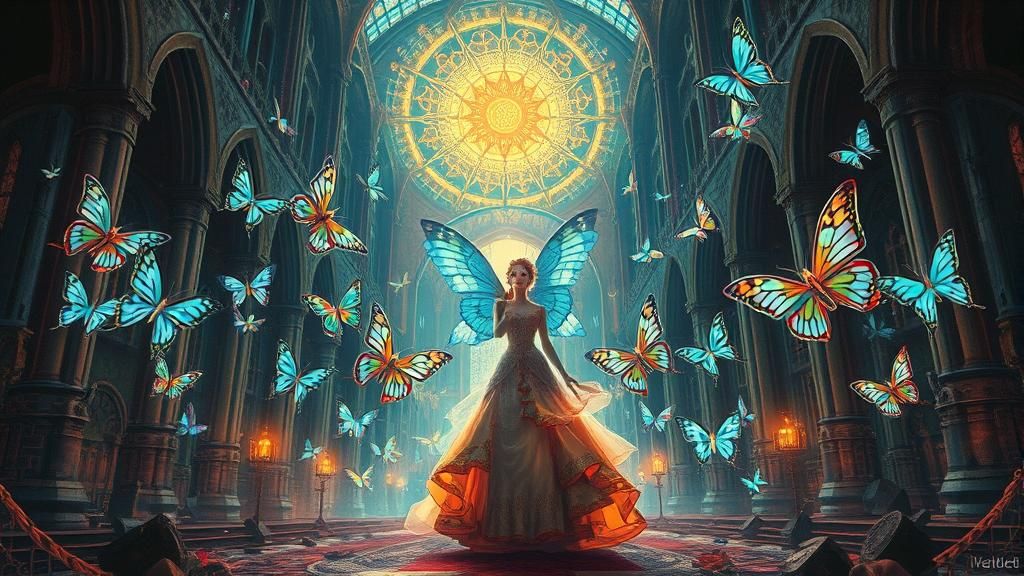 Steampunk Queen in Ruined Cathedral with Butterflies