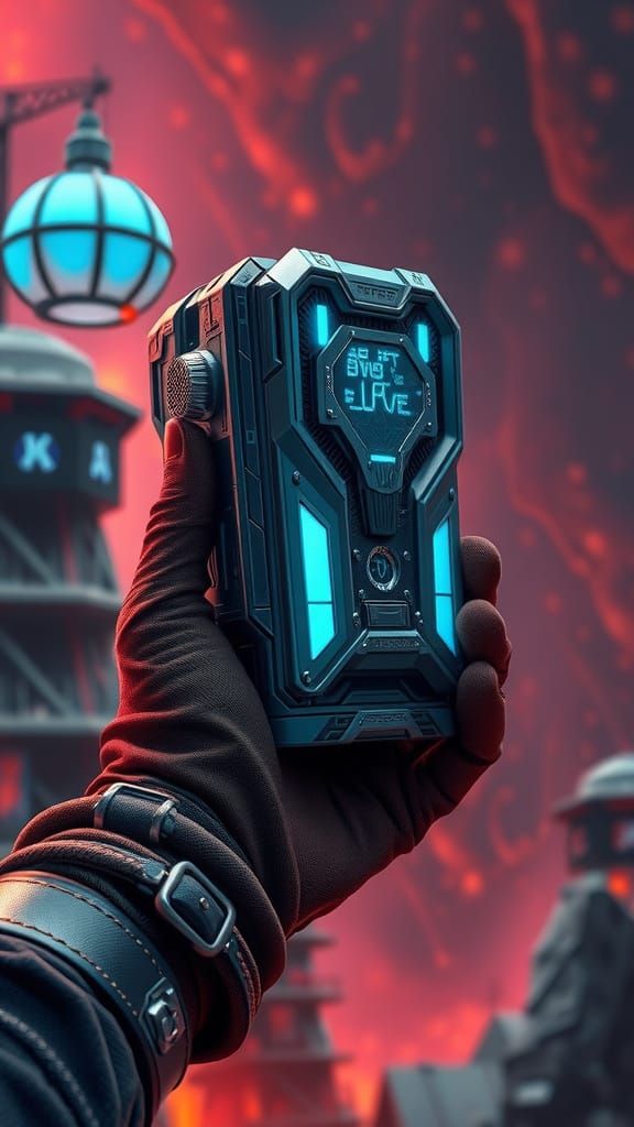 Cyberpunk Construction Device in Vibrant Fantasy World