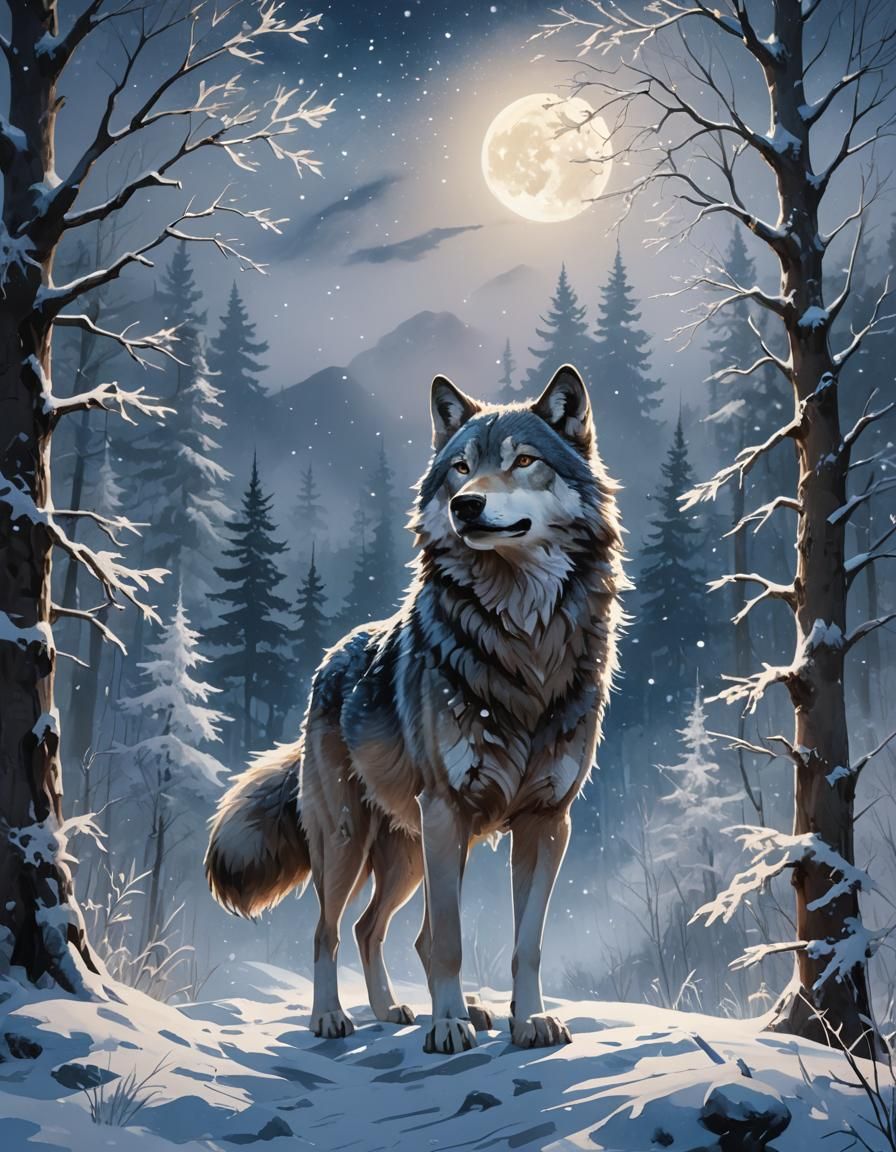 Anime Wolf Howling in Winter Forest, Watercolor Textures