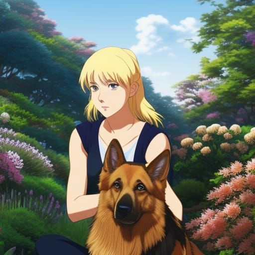 Anime Portrait of Blonde Woman and Dog