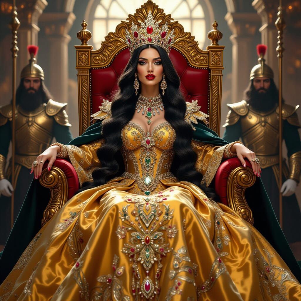Opulent Queen on Gigantic Throne, Detailed Digital Art
