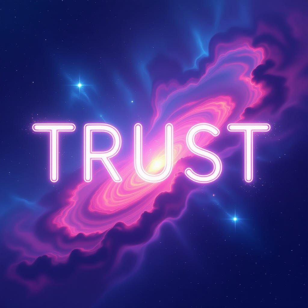 Cosmic Nebula Forms Glowing Word TRUST in Neon Colors