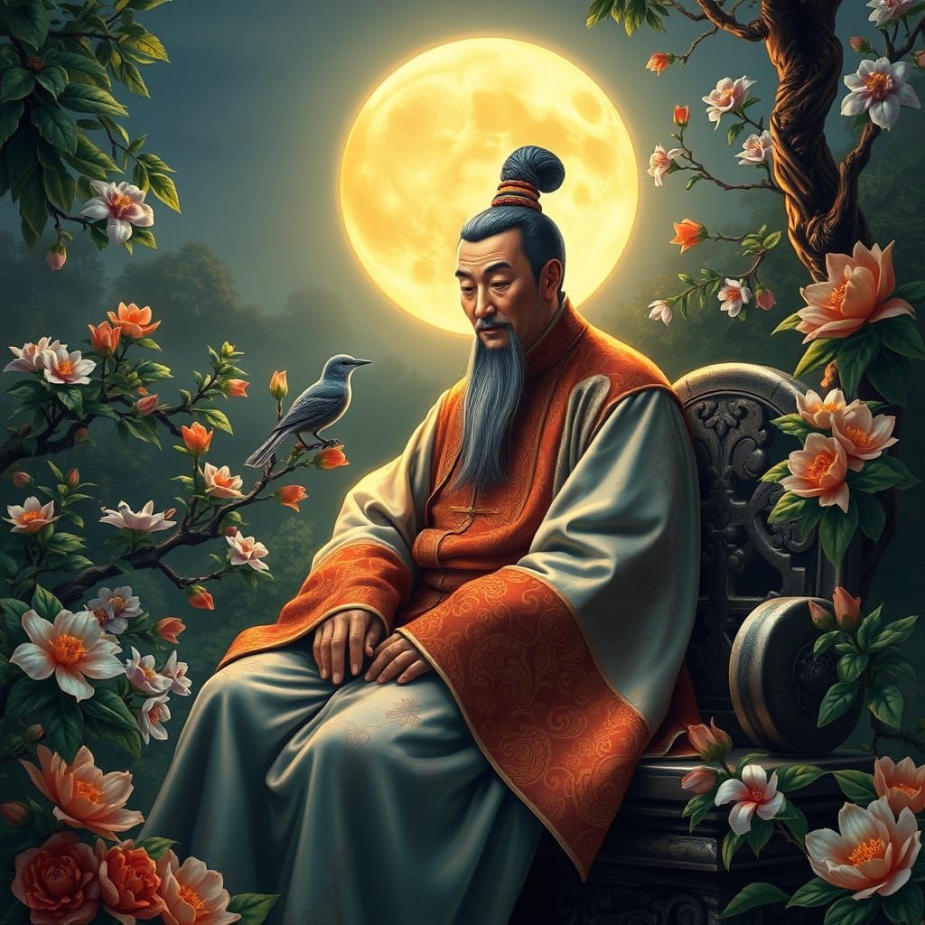 Chinese Emperor in Serene Nighttime Garden, Whispering with ...