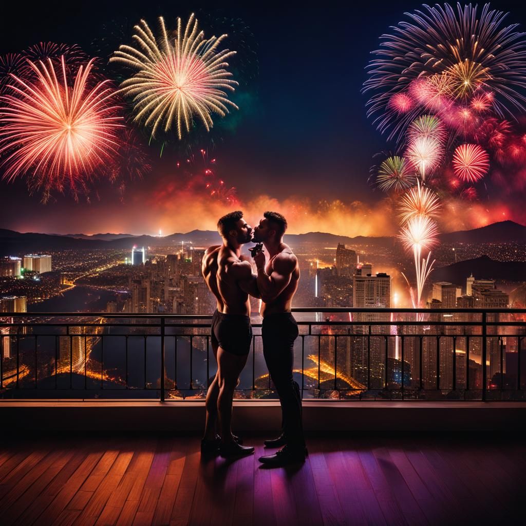 Bodybuilders' Midnight Kiss Under Fireworks Display