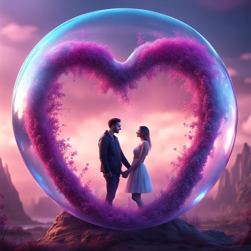 Romantic Couple in Heart Bubble, Fantasy Concept Art