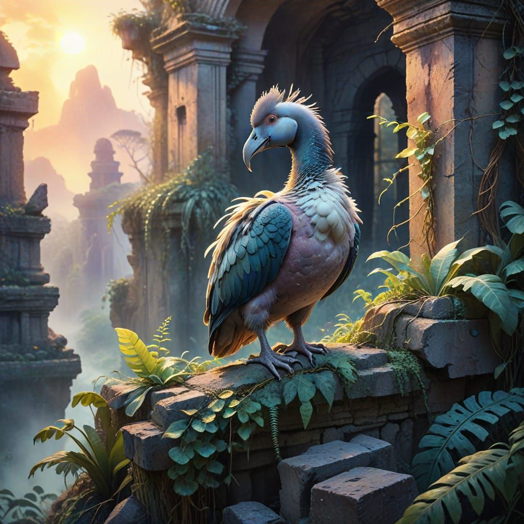 Dodo Bird on Jungle Ruins: Watercolor Illustration