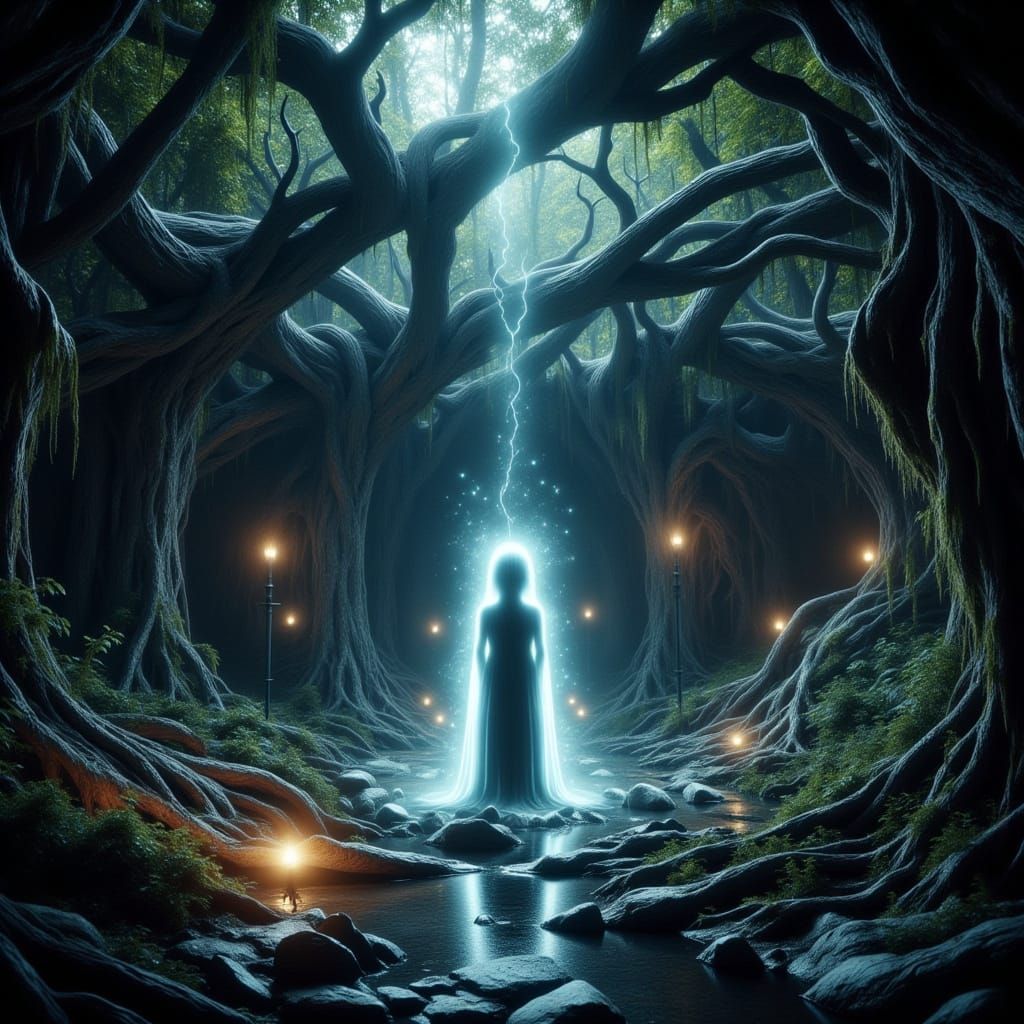 Gothic Cathedral of Roots and Crystals in Enchanted Forest