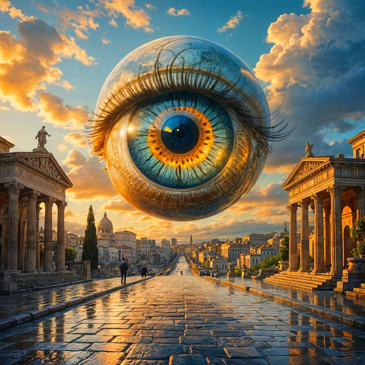 Giant Hyperrealistic Eye Over Ancient Rome, Golden Hour