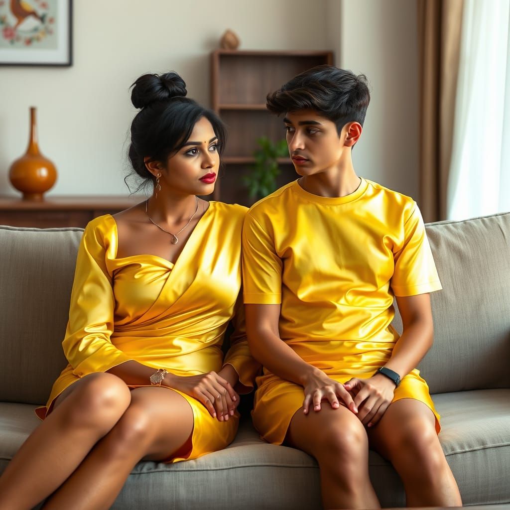 Indian Woman in Yellow Silk Outfit Sitting on Sofa