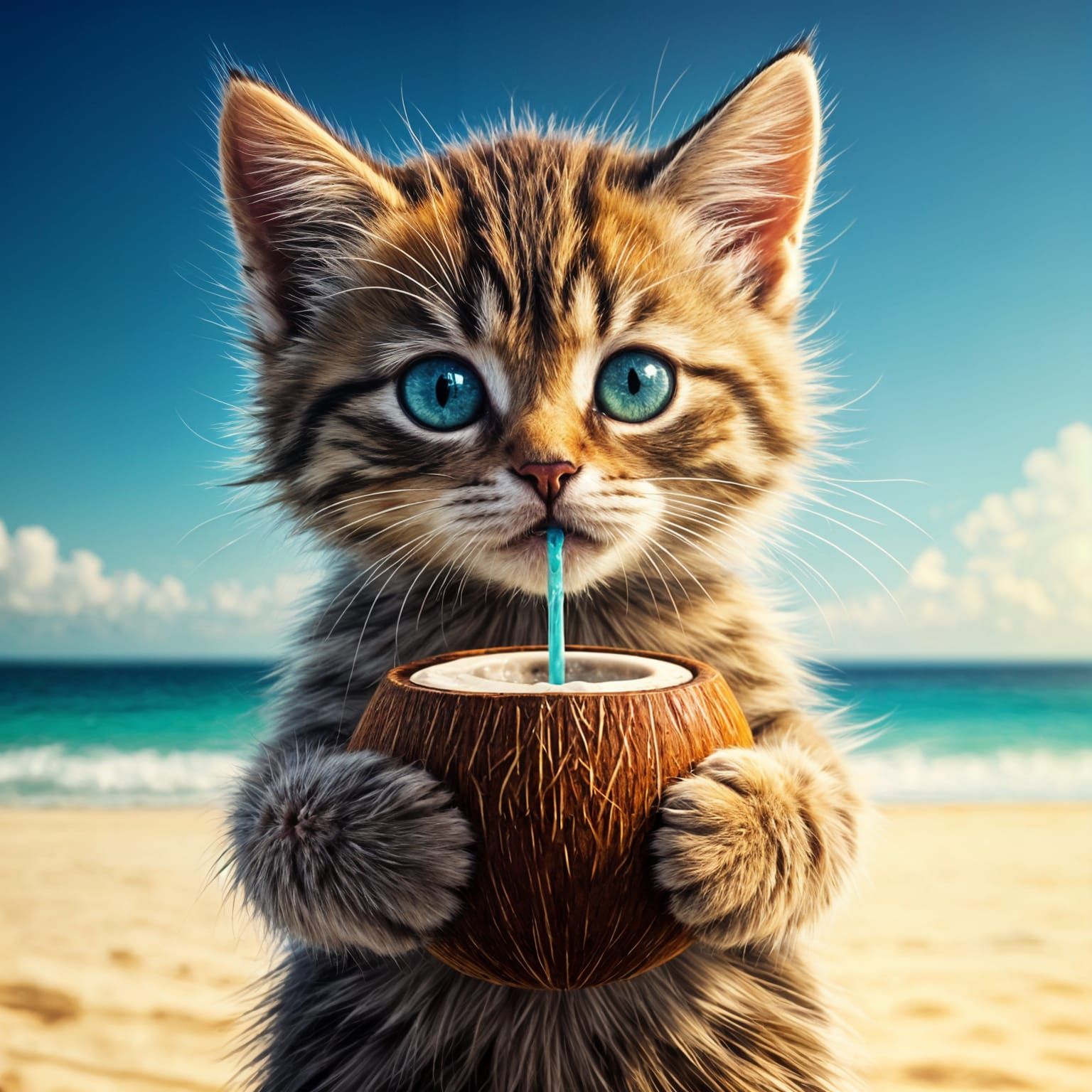 Adorable Kitten Enjoys Beach Delight in Hyperrealistic Detai...