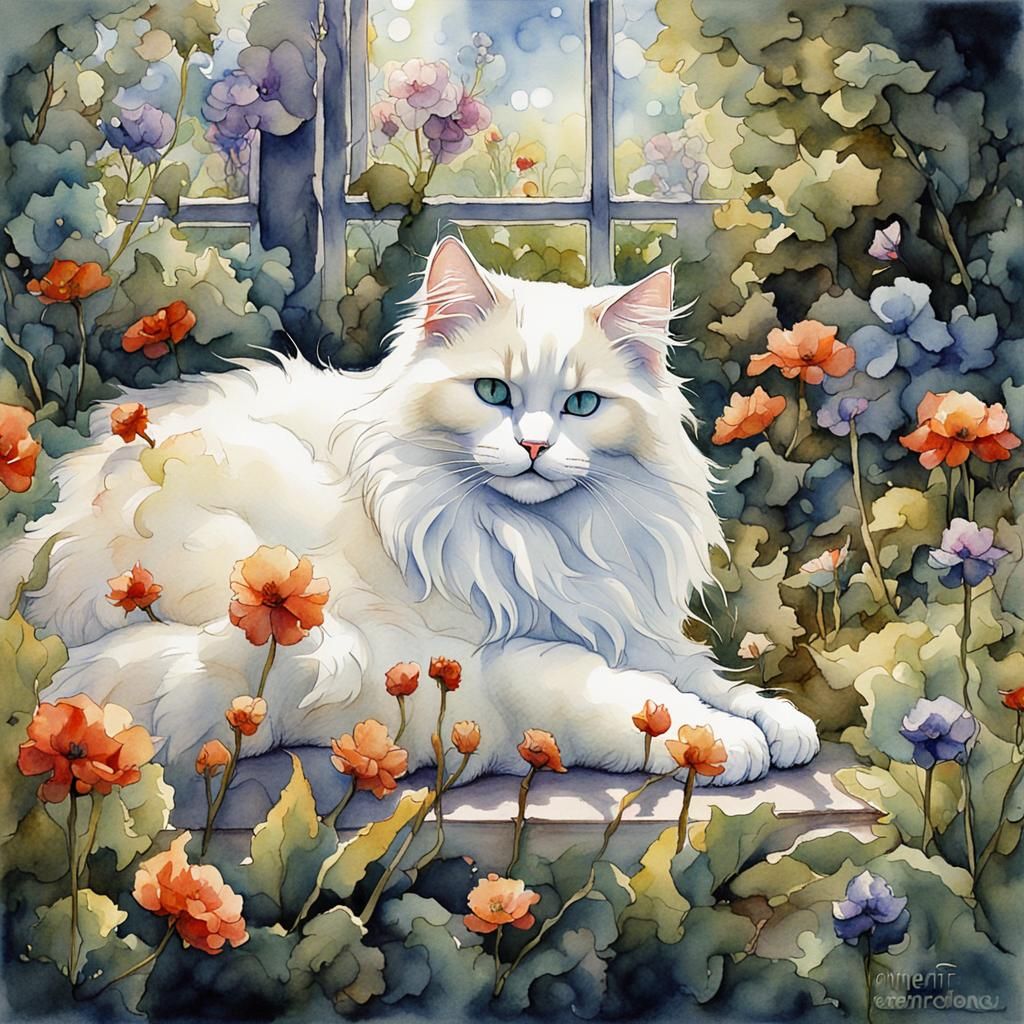 Snow White Ragdoll Cat in Watercolor Style