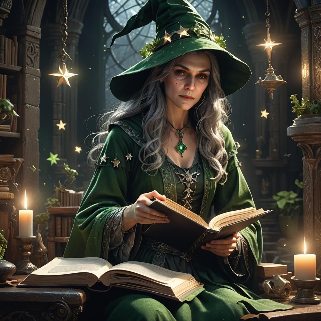 Hyperrealistic Witch Reading Grimoire in Dark Fantasy Style