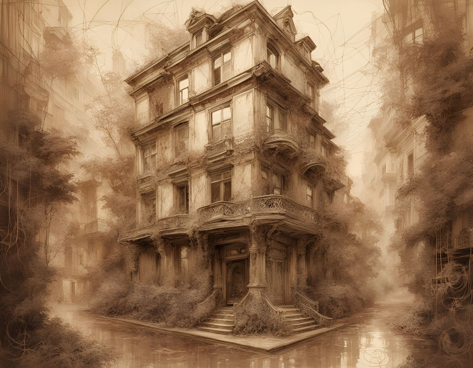 Sepia Art Nouveau Architecture in Rococo Style