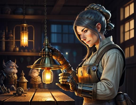 Gnome Inventor at Workbench: Cinematic Digital Painting