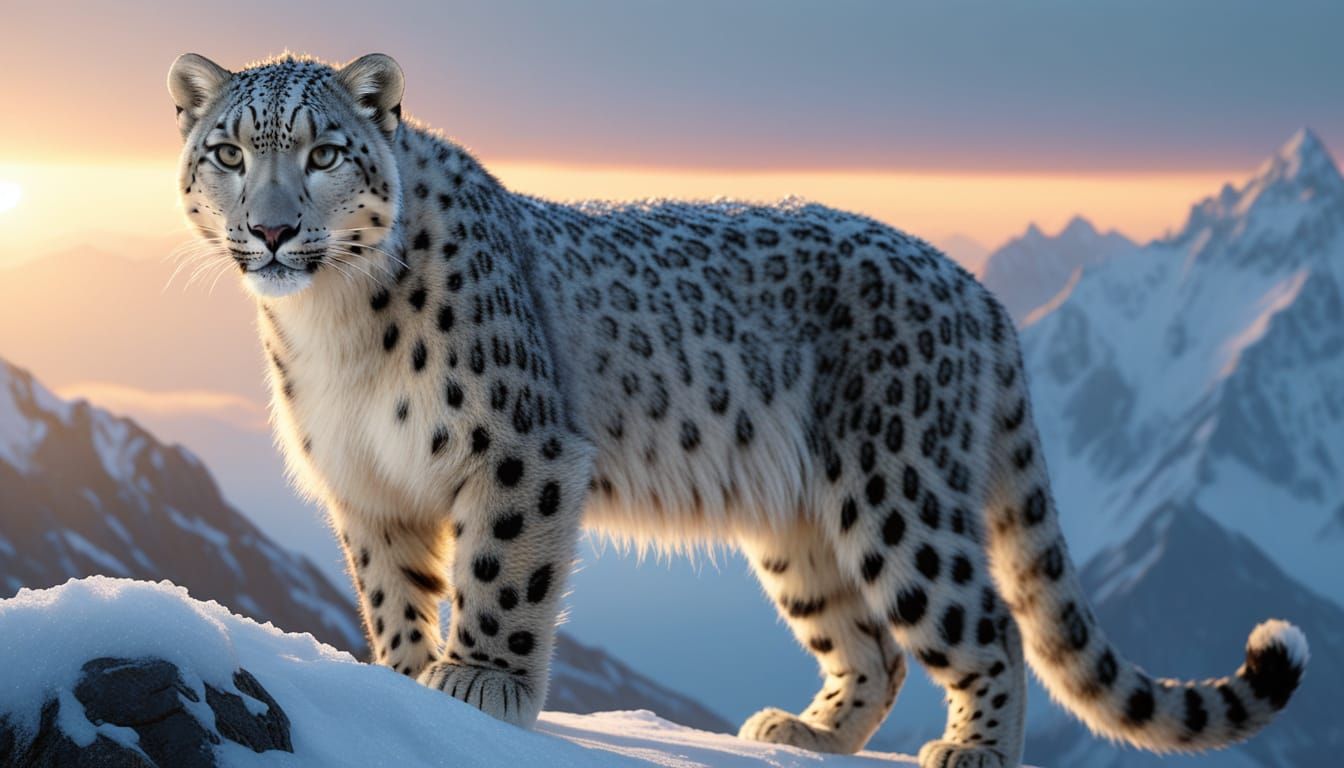 Snow Leopard on Mountain Peak at Sunrise, Fantasy Realism