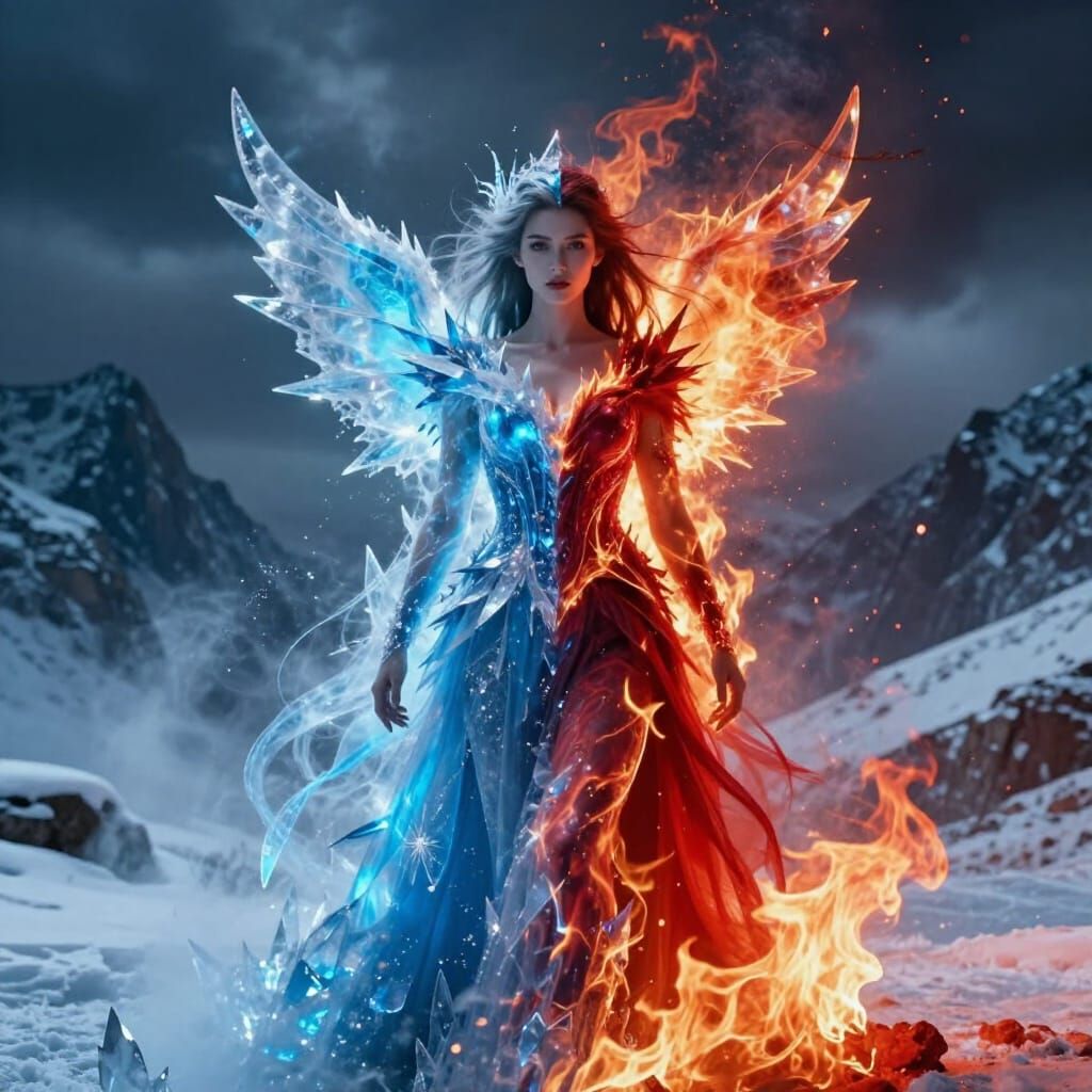 Cinematic Portrait: Woman Embodies Ice and Fire
