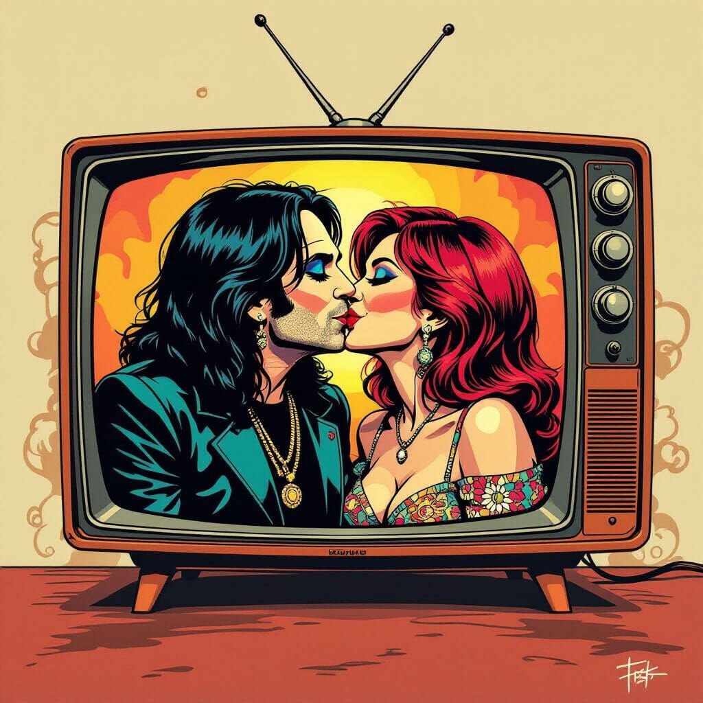 Ozzy and Sharon Osbourne Kissing in Pop Art Style