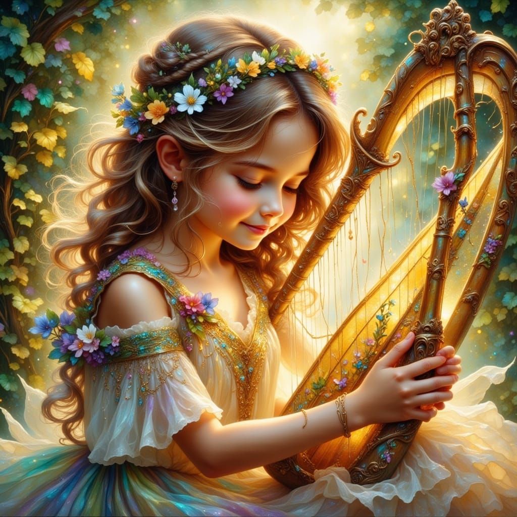 Child Plays Crystal Harp with Whimsical Smile