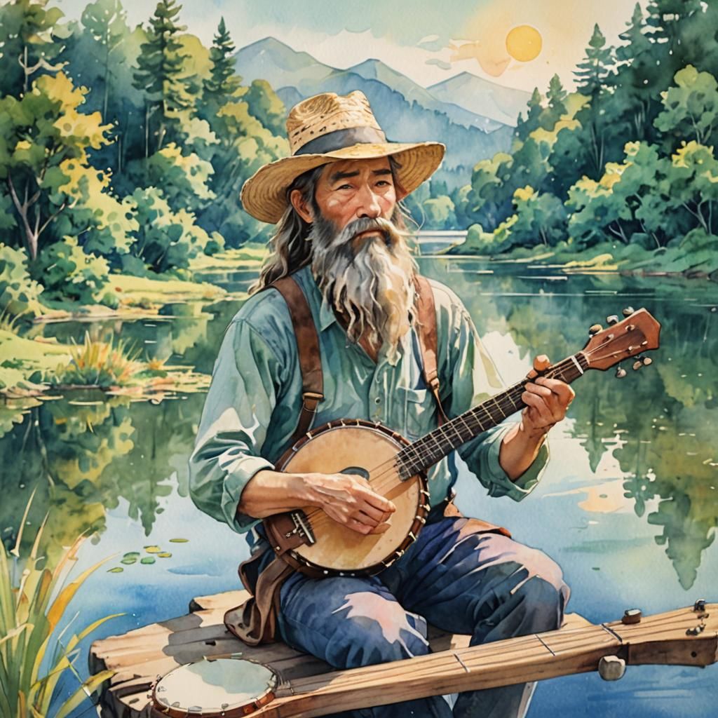 Bearded Man Plays Banjo: Watercolor Anime Illustration