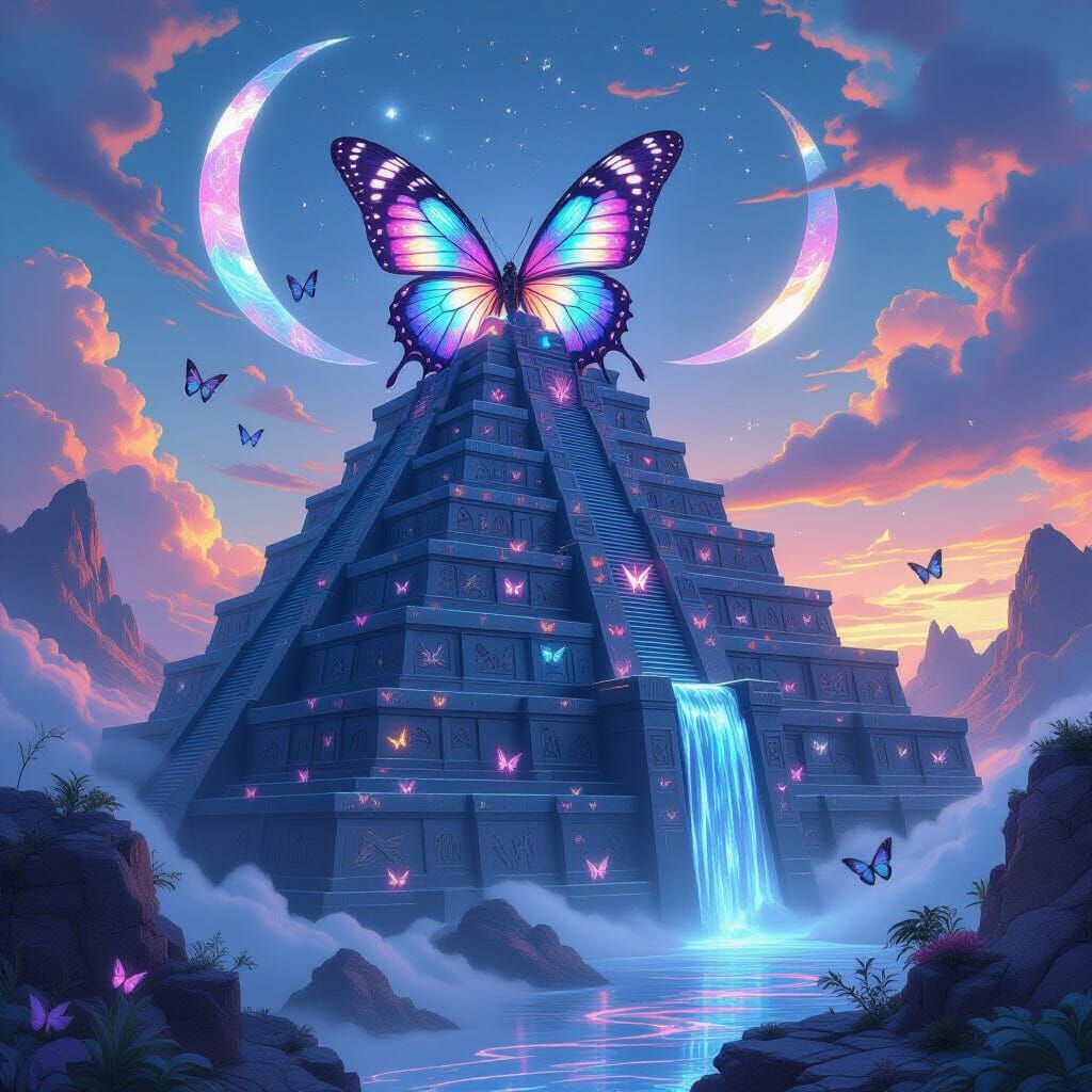 Majestic Obsidian Ziggurat Dreamscape with Cosmic Chimera