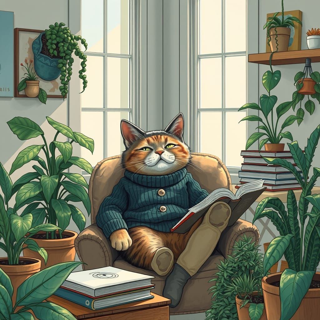 Millennial Cat Relaxing in Cozy Surreal Workspace