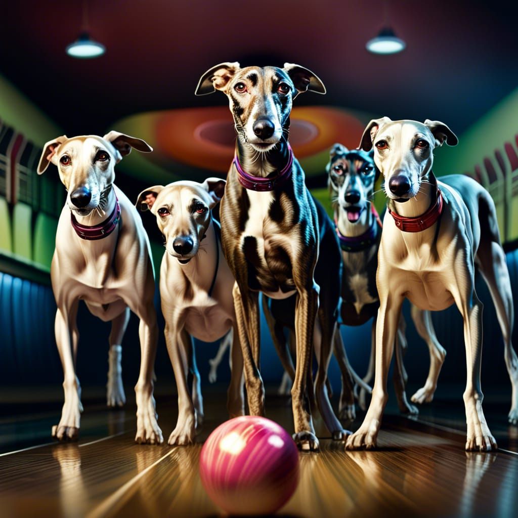 Greyhound Dogs Bowling: Hyper-Realistic Digital Illustration