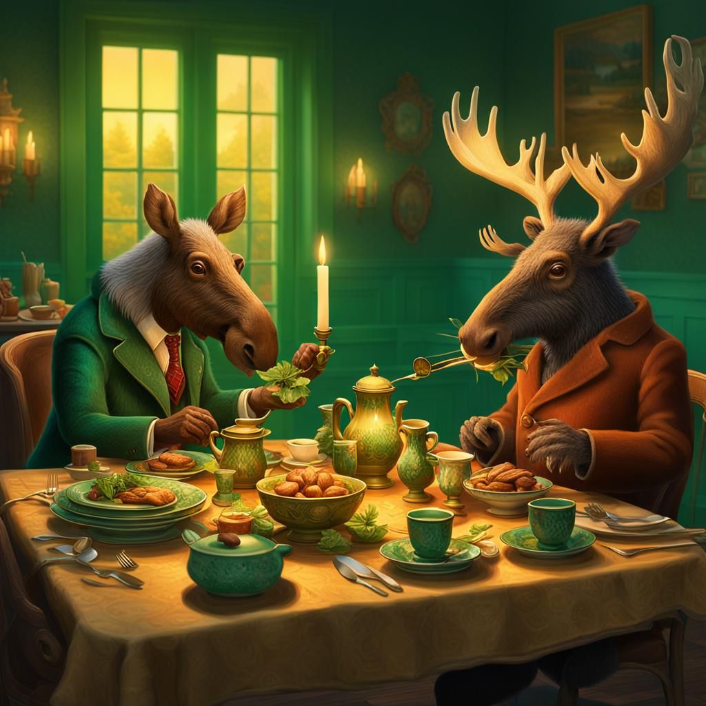 Fantastical Dinner Scene with Moose and Squirrel
