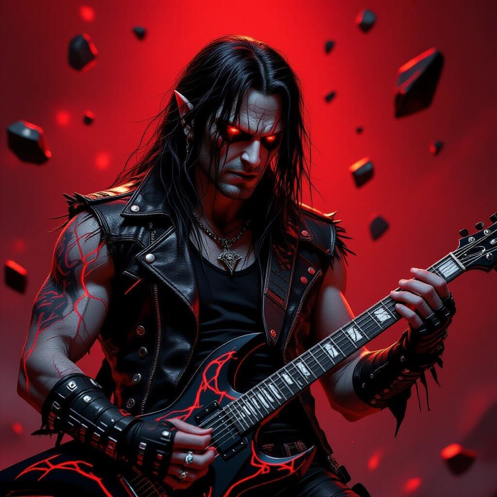 Demonic Rock Guitarist Fighter with Crimson Energy Veins