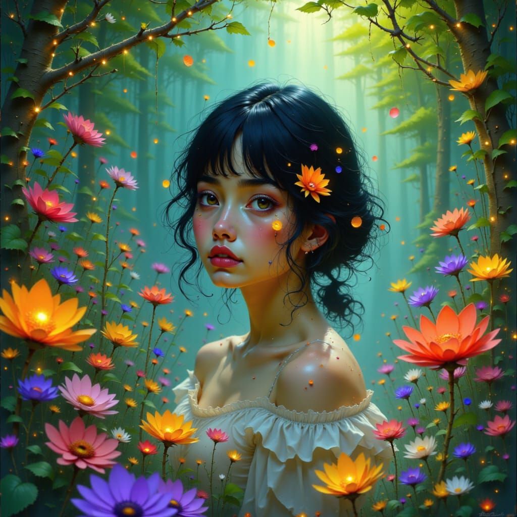 Whimsical Woman in Lush Garden, Fantasy Art